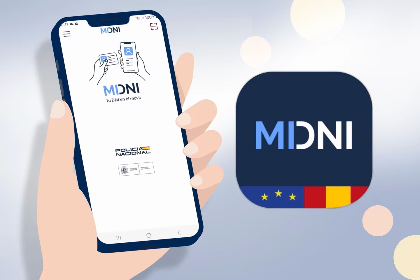 Logo MiDNI y imagen de aplicación en un móvil