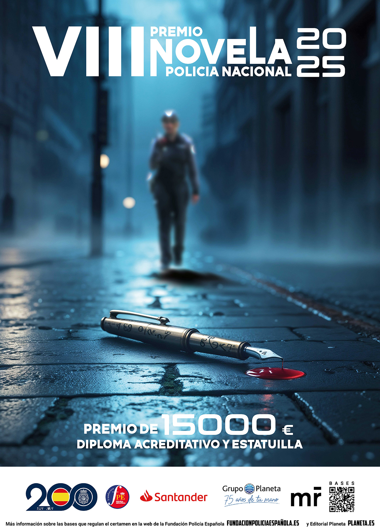 Cartel del VIII Premio de Novela Policía Nacional 2025, don aparece una pluma en primer plano con tinta roja y de fondo la silueta de un policía.