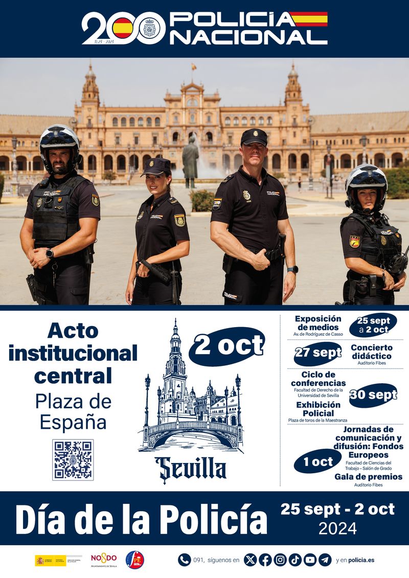 Cartel anunciando la celebración del día de la policía en el que se ven cuatro policías uniformados en la Plaza de España de Sevilla