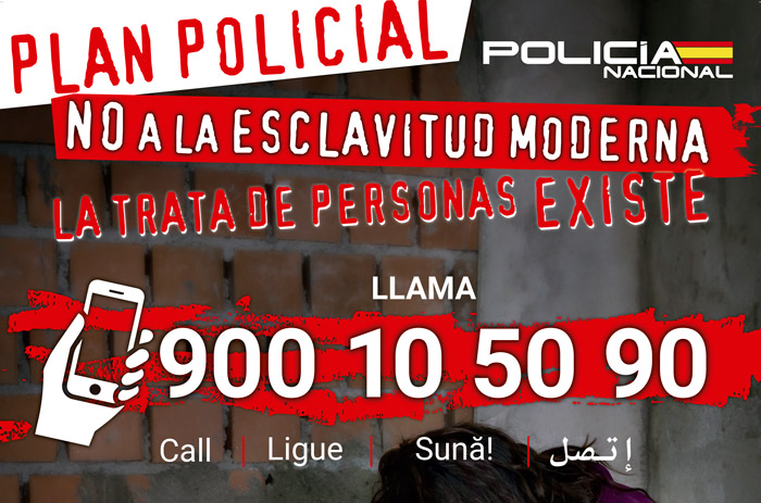 Imatge amb cartell sobre el Pla Policial de 'Tractes d'éssers humans' el telèfon dels quals és: 900 10 50 90