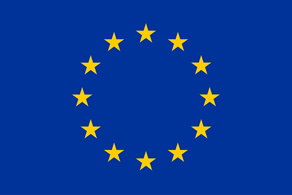 Logo Unió Europea. Estels grocs sobre fons de color blau.