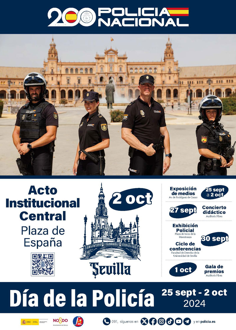 Cartel anunciando la celebración del día de la policía en el que se ven cuatro policías uniformados en la Plaza de España de Sevilla