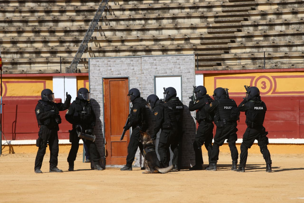 Exhibición de Policías de Fuerzas Especiales en la Plaza de Toros. Ocho policías armados simulan la entrada en una vivienda.