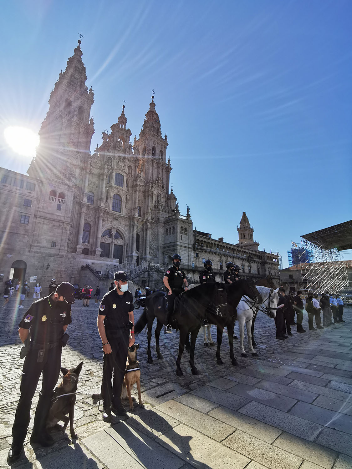 Formación de varios Policías de las Unidades de Guías Caninos con sus perros y Caballería montados en sus caballos, en la Plaza del Obradoiro
