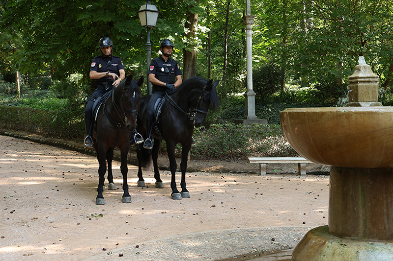 Fotografía de dos agentes de Policía Nacional pertenecientes al Grupo Epecial de Caballería montados en sus caballos.