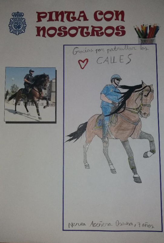 Dibujo coloreado de un policía nacional montado en su caballo.