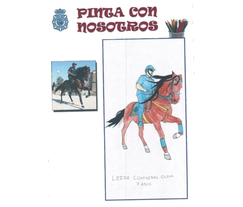 Dibujo coloreado de un policía nacional montado en un caballo