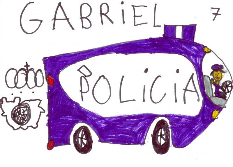 Dibujo de una furgoneta policial acompañado de una imagen de la placa emblema de la Policía Nacional.