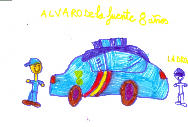 Dibujo en el que se puede ver a dos niños jugando junto a un coche de policía.