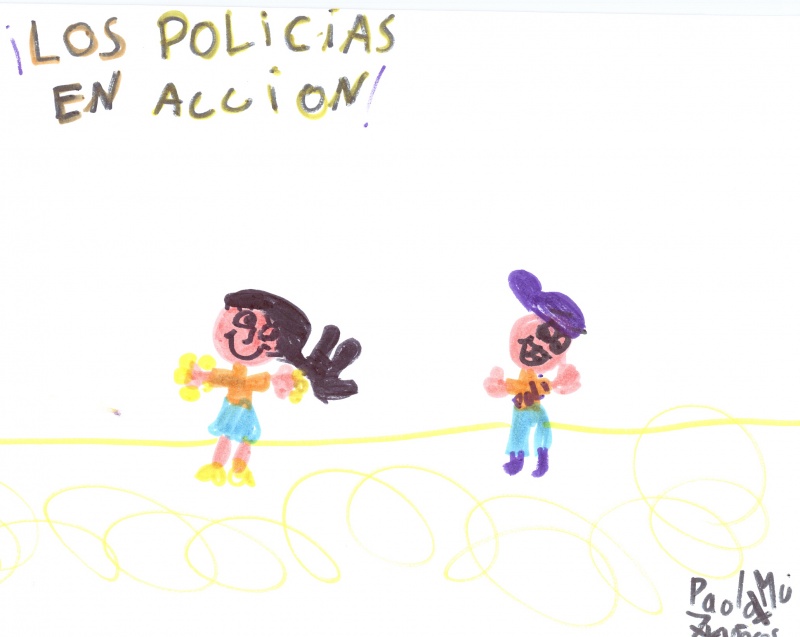 Dibujo en el que se puede ver a dos niños jugando los cuales están diciendo Los policías en acción.