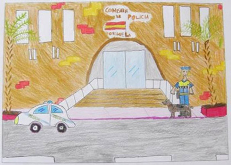 Dibujo en el que se puede ver una comisaría de policía junto a un agente de policía sujetando un perro.