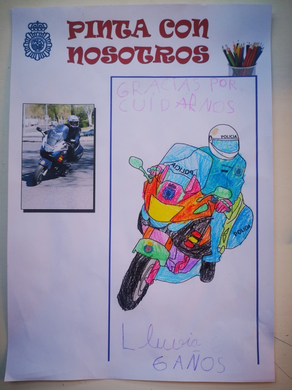 Dibujo a color de una moto modelo honda de la Policía Nacional.