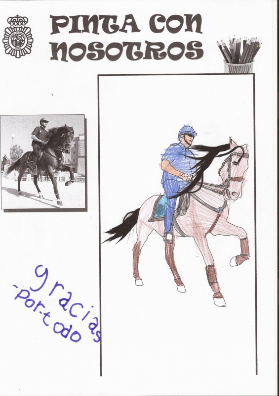 Dibujo coloreado de un Policía Nacional montado en su caballo, y la frase escrita gracias por todo